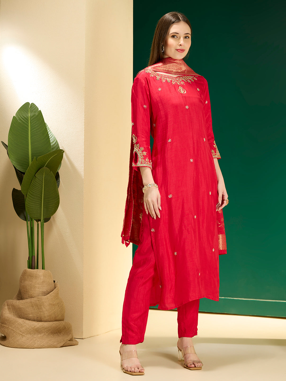 Solid Ethnic Embroidered Straight Kurta with Pant & Dupatta - Red