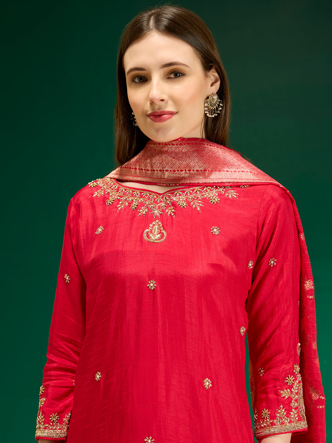 Solid Ethnic Embroidered Straight Kurta with Pant & Dupatta - Red