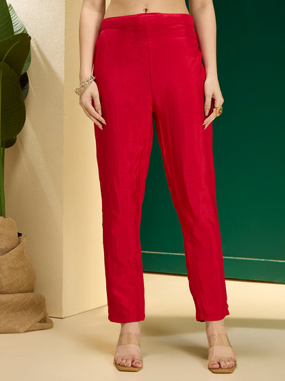 Solid Ethnic Embroidered Straight Kurta with Pant & Dupatta - Red