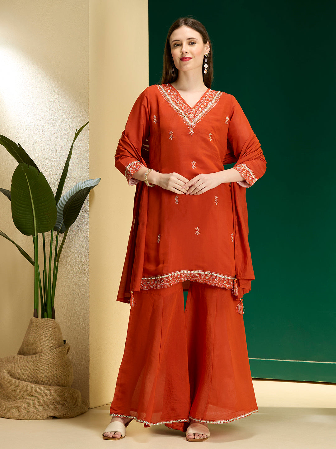 Solid Zari Embroidered Straight Kurta with Palazzo and Dupatta - Rust