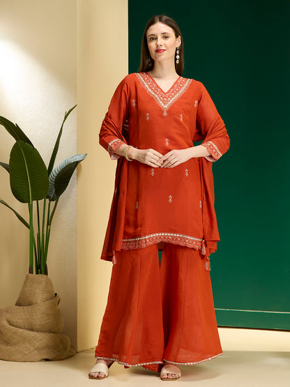 Solid Zari Embroidered Straight Kurta with Palazzo and Dupatta - Rust