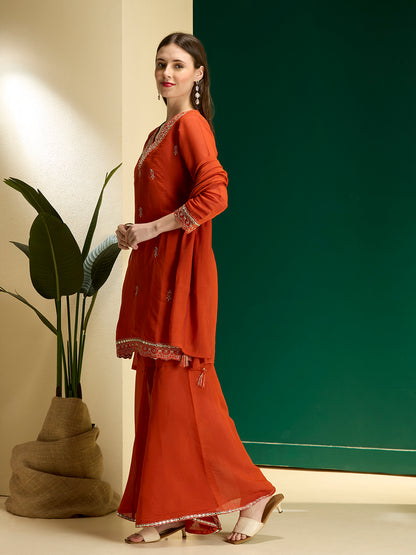 Solid Zari Embroidered Straight Kurta with Palazzo and Dupatta - Rust