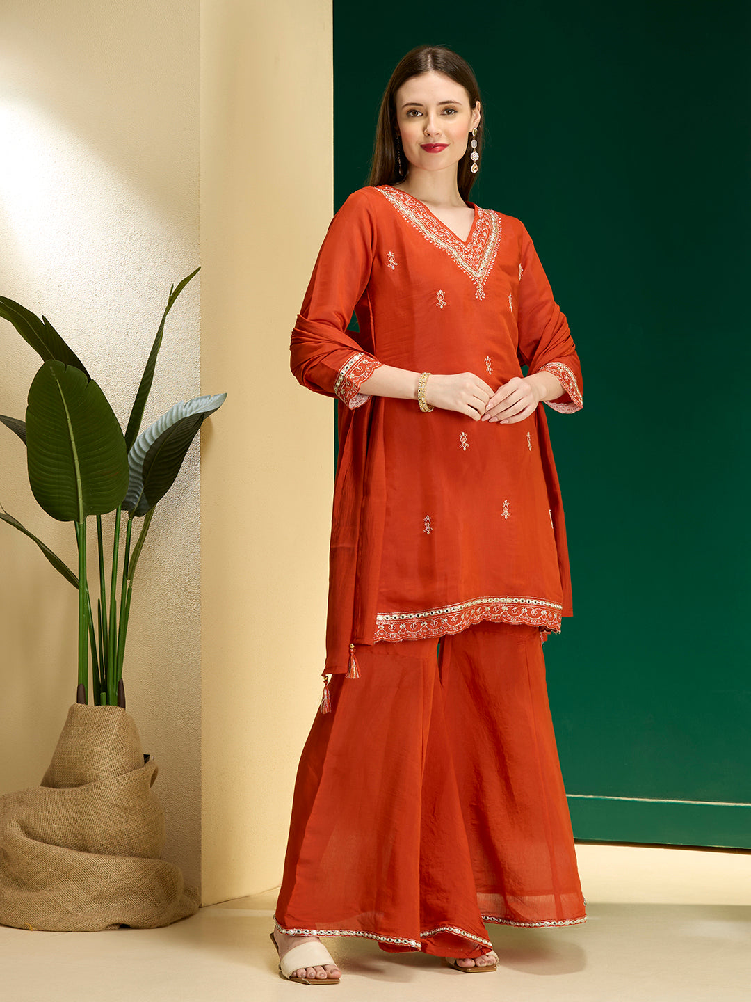 Solid Zari Embroidered Straight Kurta with Palazzo and Dupatta - Rust