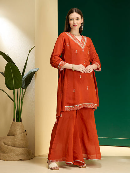 Solid Zari Embroidered Straight Kurta with Palazzo and Dupatta - Rust