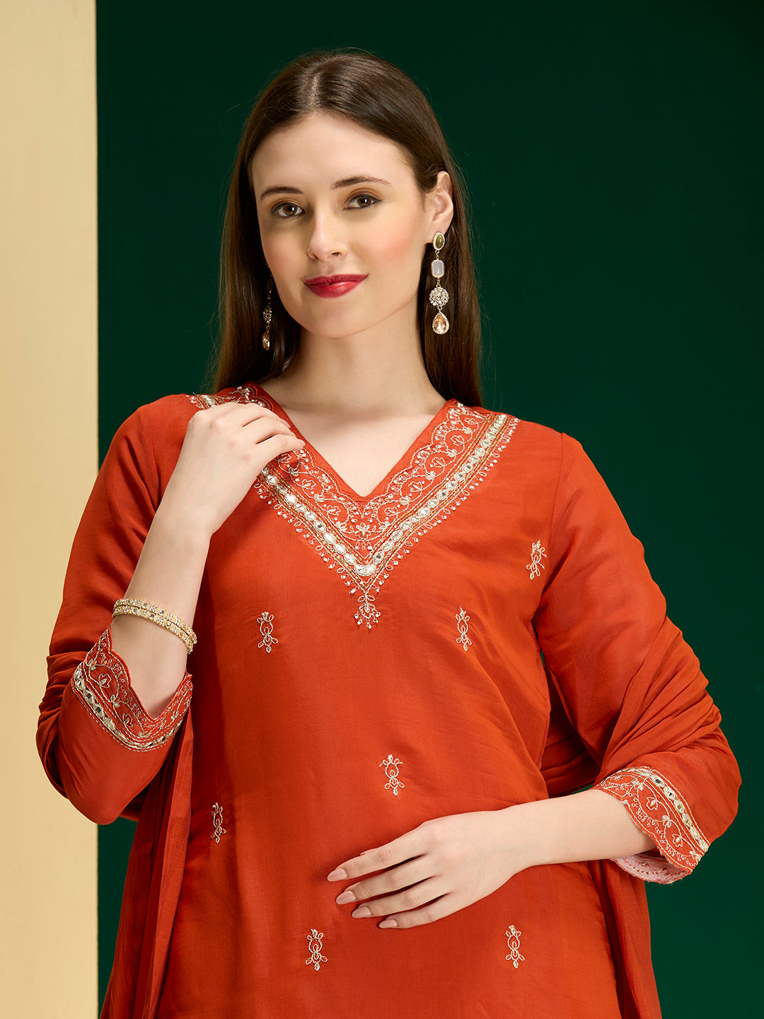 Solid Zari Embroidered Straight Kurta with Palazzo and Dupatta - Rust