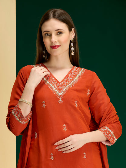 Solid Zari Embroidered Straight Kurta with Palazzo and Dupatta - Rust