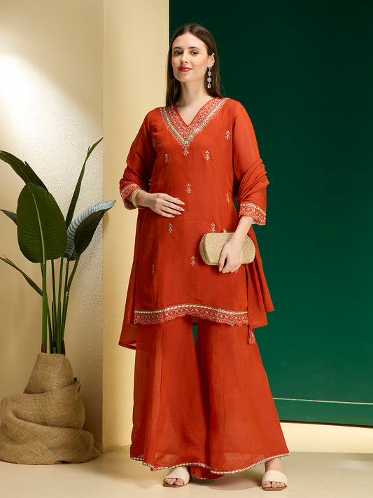 Solid Zari Embroidered Straight Kurta with Palazzo and Dupatta - Rust