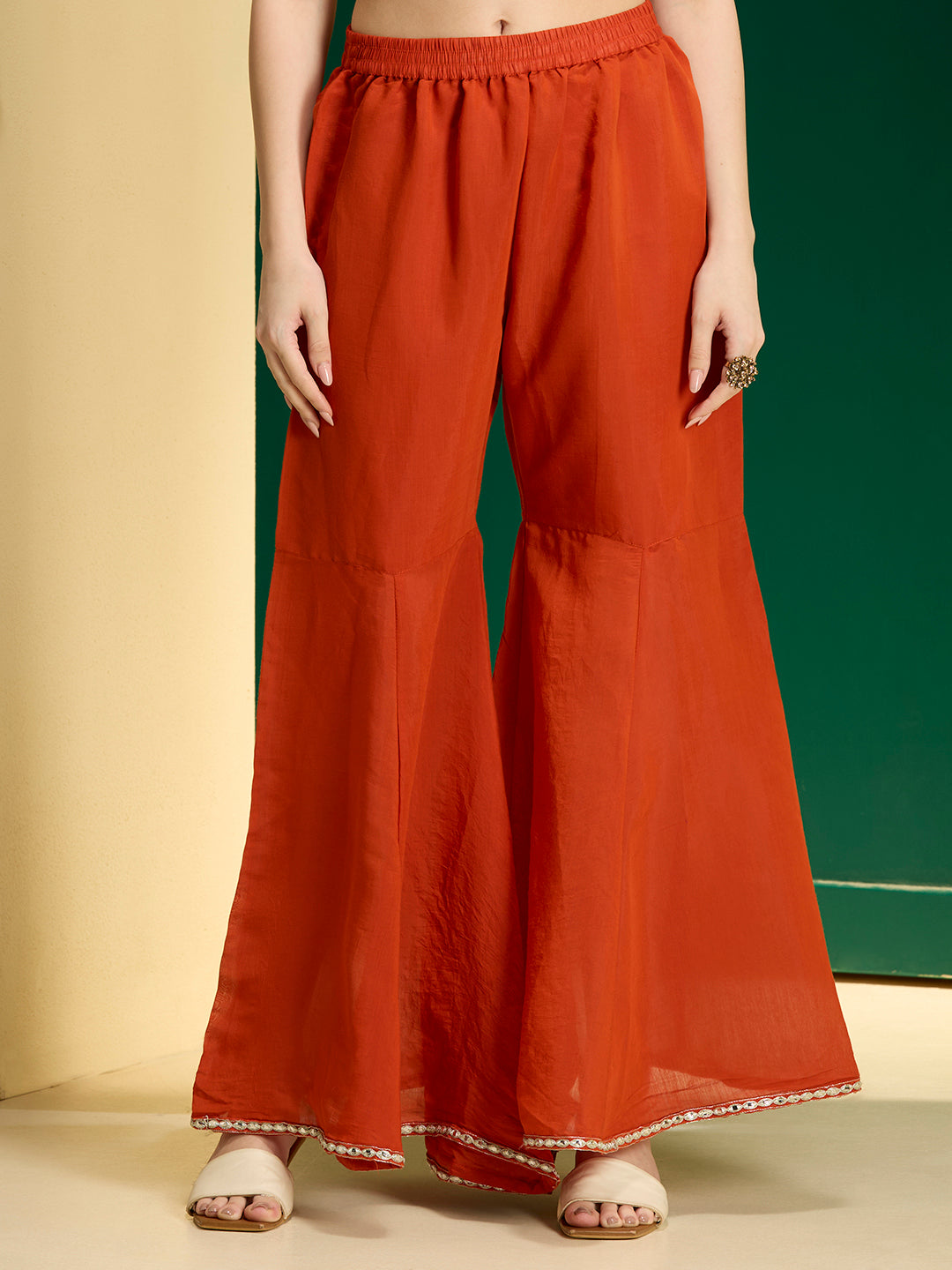 Solid Zari Embroidered Straight Kurta with Palazzo and Dupatta - Rust