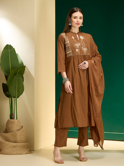 Floral Embroidered A-Line Pleated with Pant & Dupatta - Brown