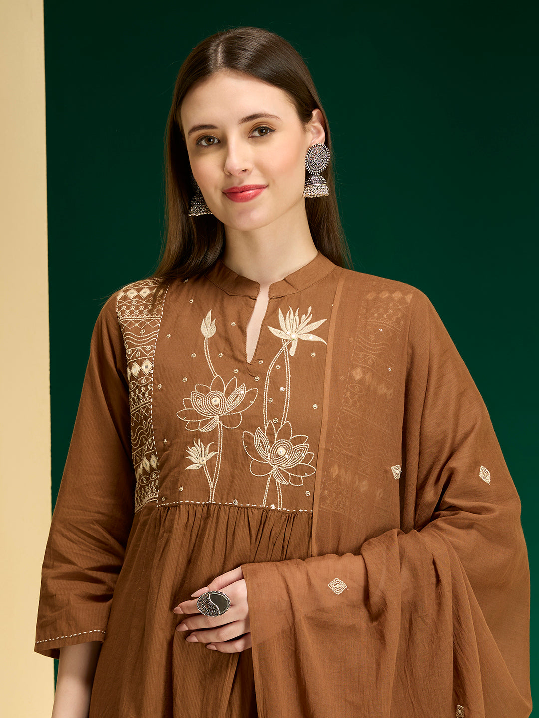 Floral Embroidered A-Line Pleated with Pant & Dupatta - Brown
