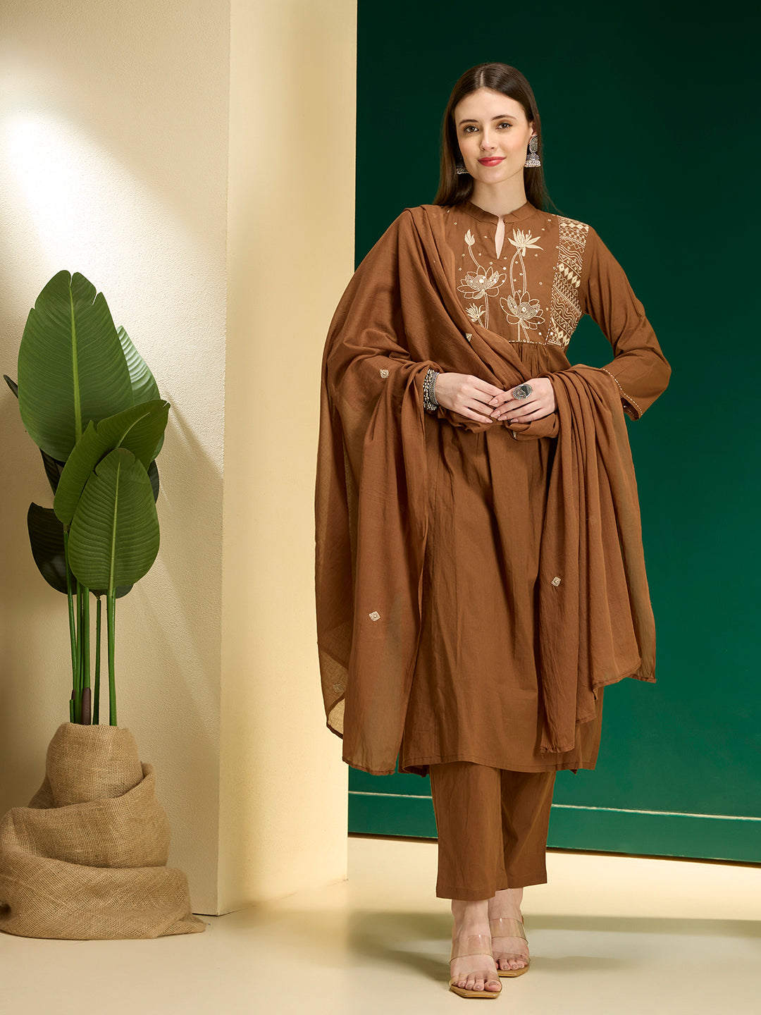 Floral Embroidered A-Line Pleated with Pant & Dupatta - Brown