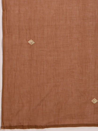 Floral Embroidered A-Line Pleated with Pant & Dupatta - Brown