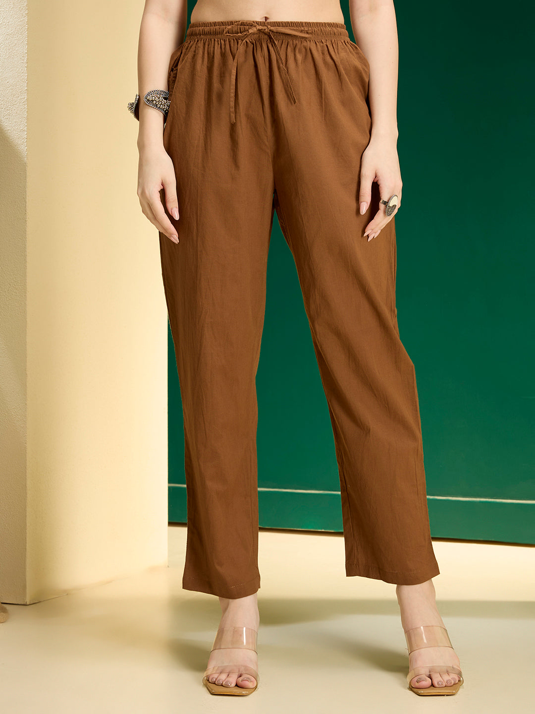 Floral Embroidered A-Line Pleated with Pant & Dupatta - Brown