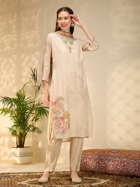 Floral Printed & Hand Embroidered Straight Kurta with Pant and Dupatta - Cream