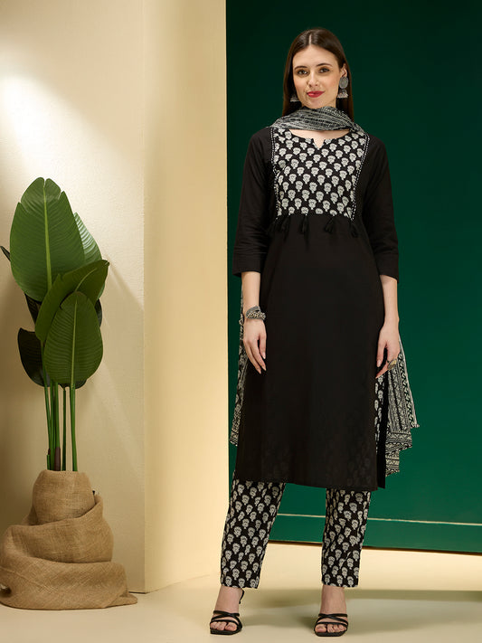 Ethnic Floral Printed Straight Kurta with Pant & Dupatta - Black