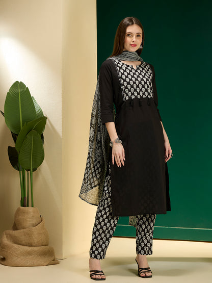 Ethnic Floral Printed Straight Kurta with Pant & Dupatta - Black