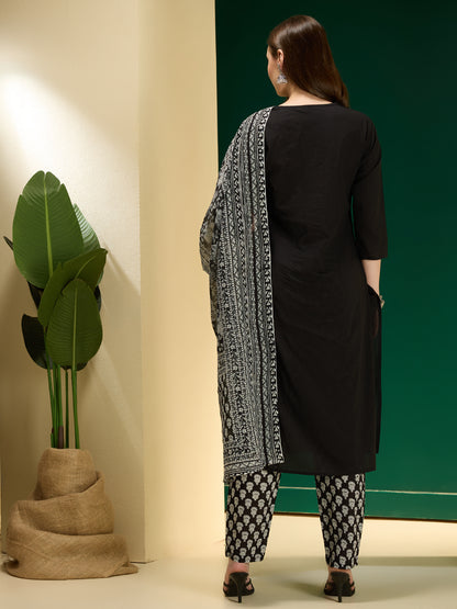 Ethnic Floral Printed Straight Kurta with Pant & Dupatta - Black