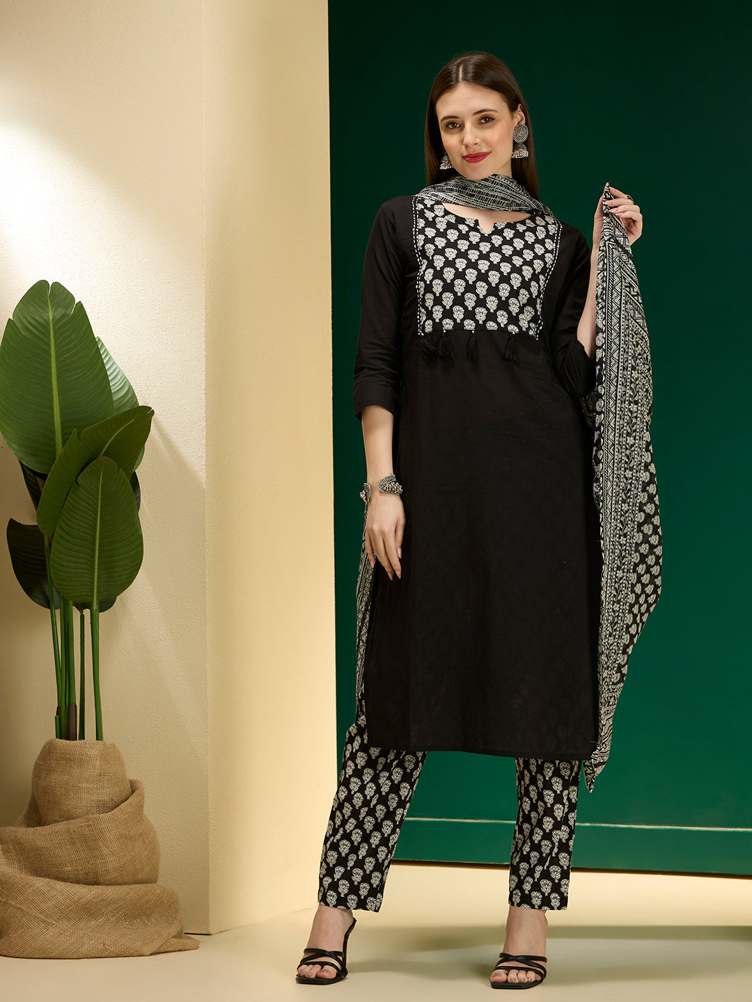 Ethnic Floral Printed Straight Kurta with Pant & Dupatta - Black