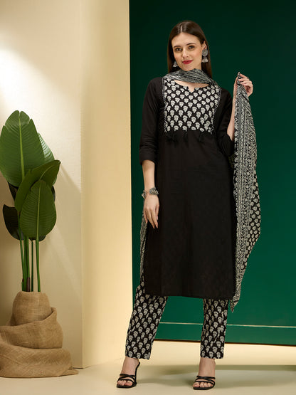Ethnic Floral Printed Straight Kurta with Pant & Dupatta - Black