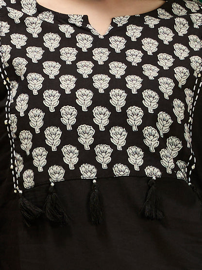 Ethnic Floral Printed Straight Kurta with Pant & Dupatta - Black