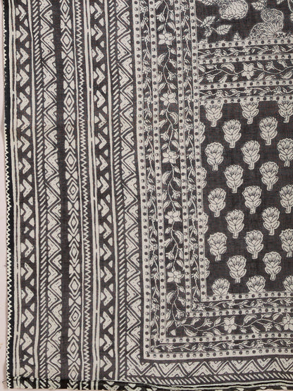 Ethnic Floral Printed Straight Kurta with Pant & Dupatta - Black