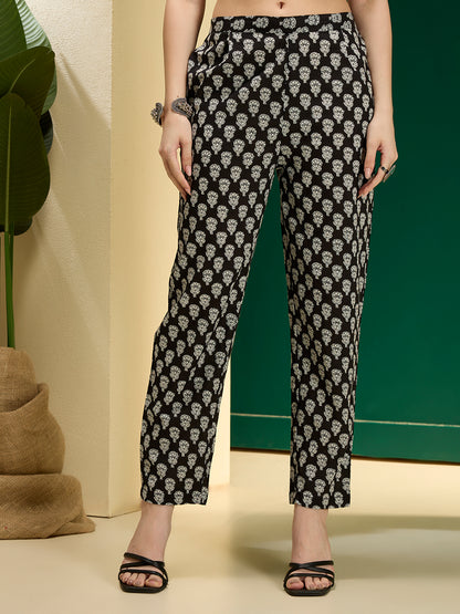 Ethnic Floral Printed Straight Kurta with Pant & Dupatta - Black