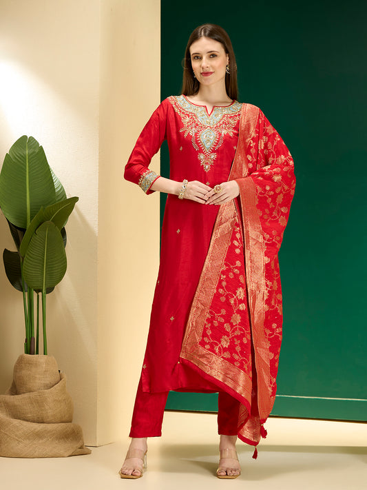 Solid Ethnic Hand Embroidered Straight Kurta with Dhoti & Dupatta - Red