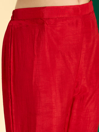 Solid Ethnic Hand Embroidered Straight Kurta with Dhoti & Dupatta - Red
