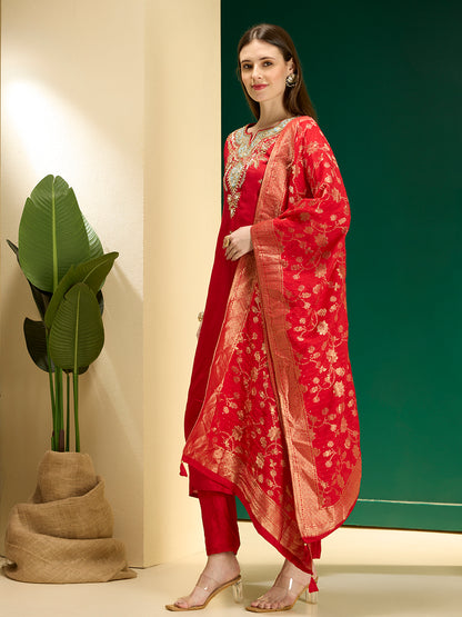 Solid Ethnic Hand Embroidered Straight Kurta with Dhoti & Dupatta - Red