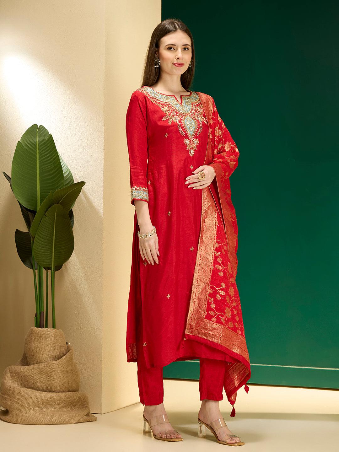 Solid Ethnic Hand Embroidered Straight Kurta with Dhoti & Dupatta - Red