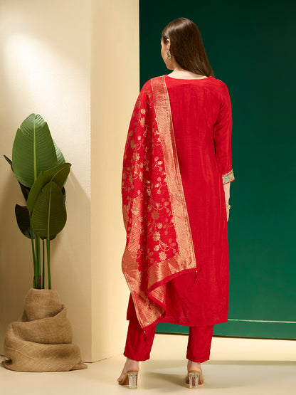 Solid Ethnic Hand Embroidered Straight Kurta with Dhoti & Dupatta - Red