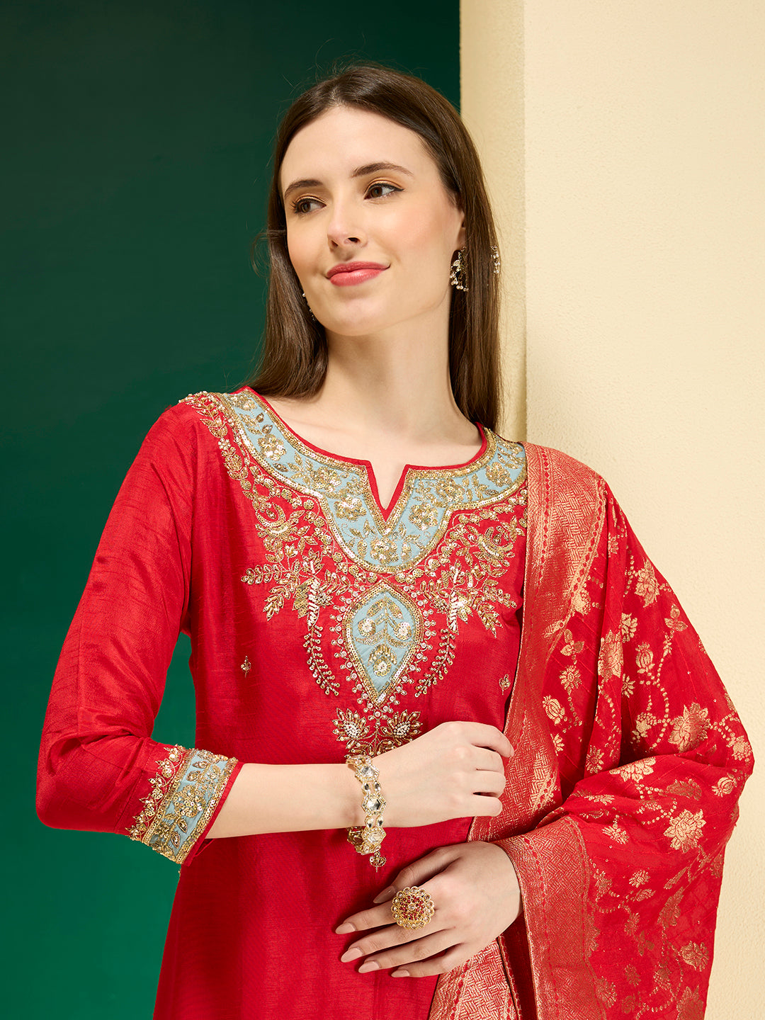 Solid Ethnic Hand Embroidered Straight Kurta with Dhoti & Dupatta - Red