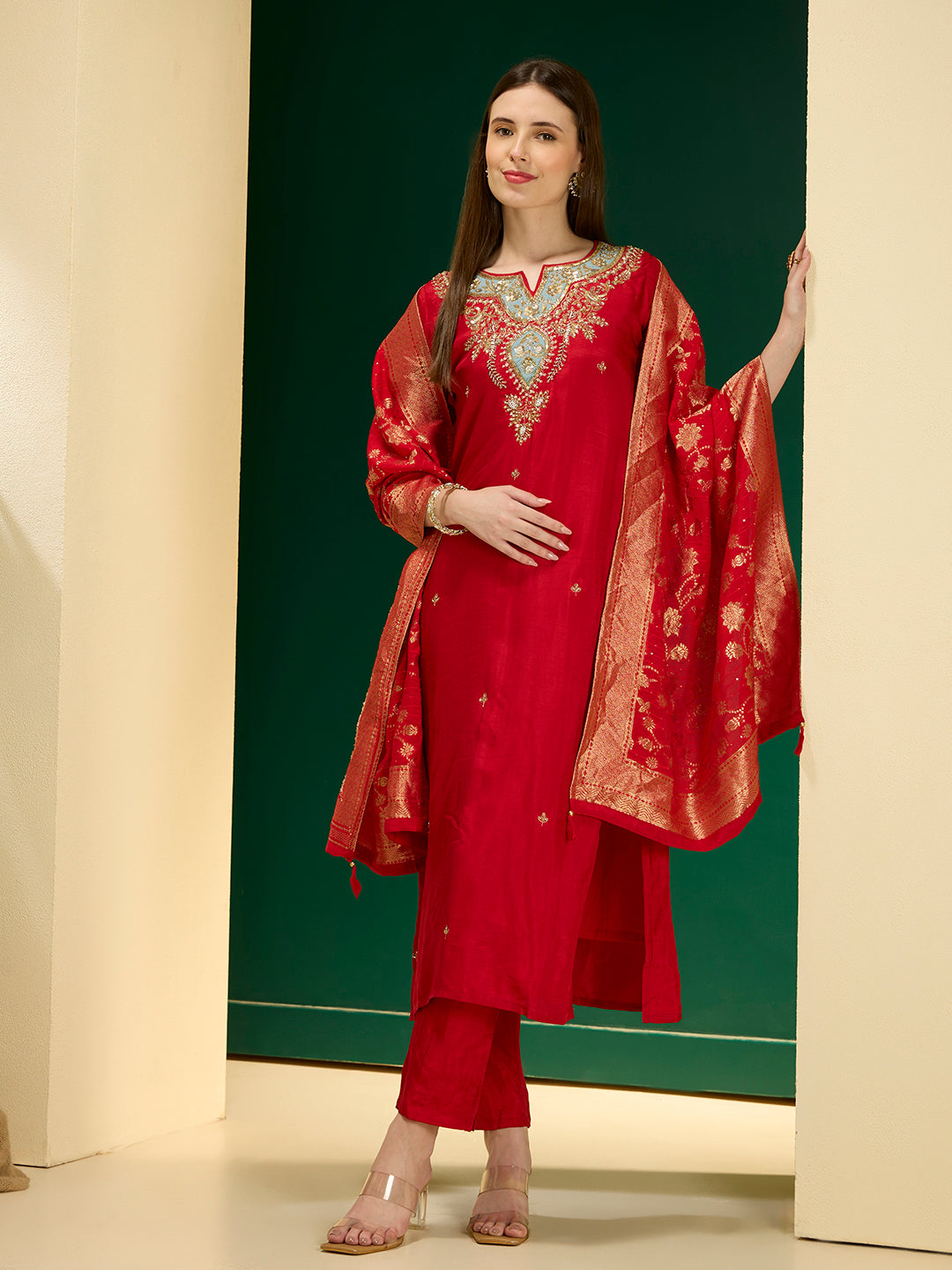 Solid Ethnic Hand Embroidered Straight Kurta with Dhoti & Dupatta - Red