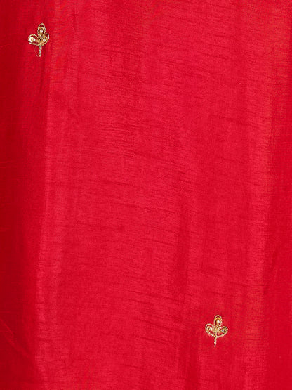 Solid Ethnic Hand Embroidered Straight Kurta with Dhoti & Dupatta - Red