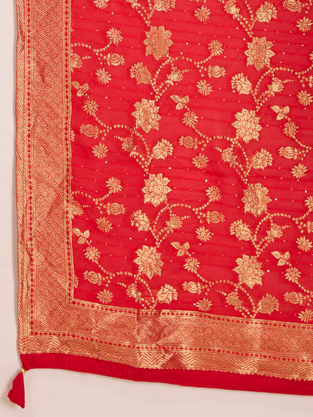 Solid Ethnic Hand Embroidered Straight Kurta with Dhoti & Dupatta - Red