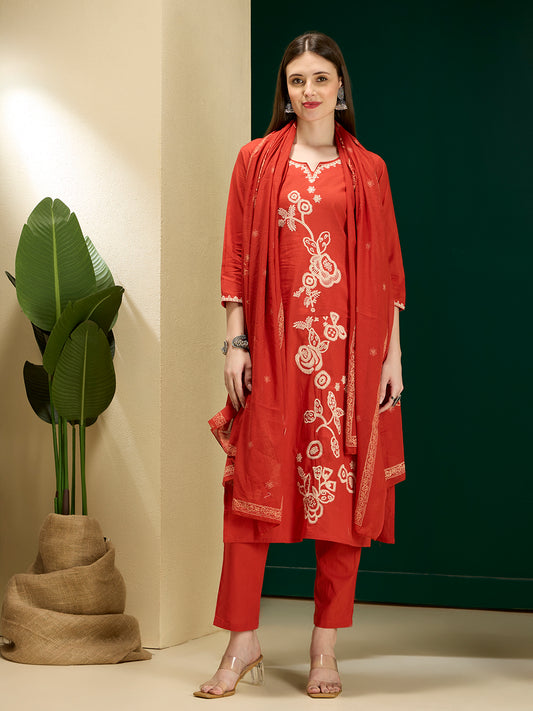 Solid Floral Embroidered Straight Kurta with Pant & Dupatta - Rust