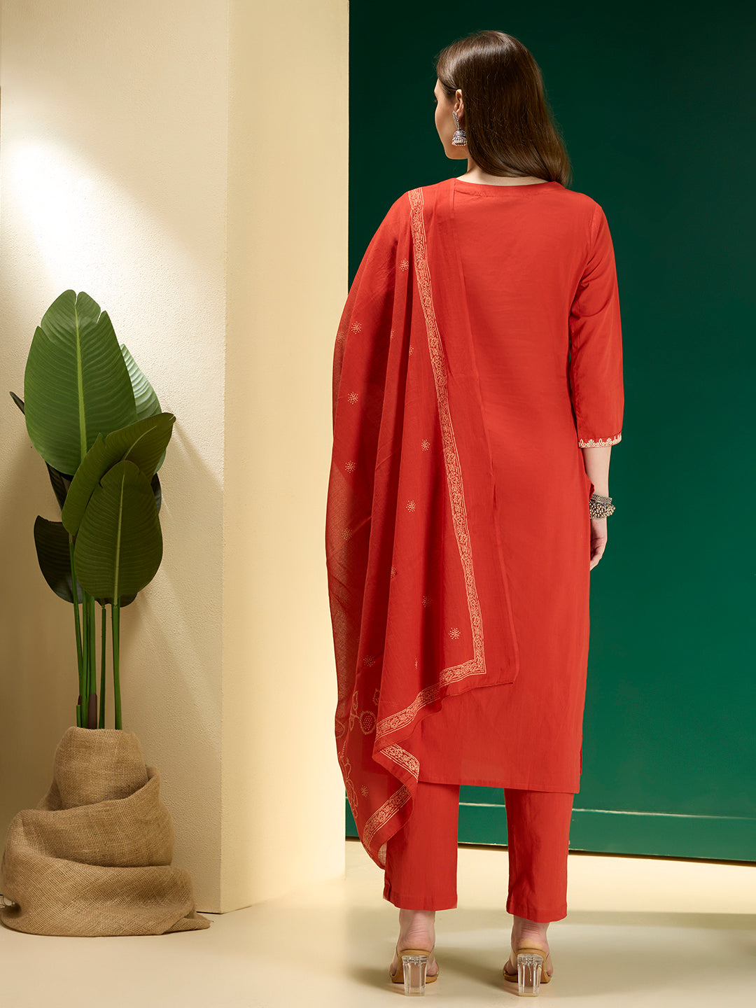 Solid Floral Embroidered Straight Kurta with Pant & Dupatta - Rust