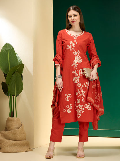 Solid Floral Embroidered Straight Kurta with Pant & Dupatta - Rust