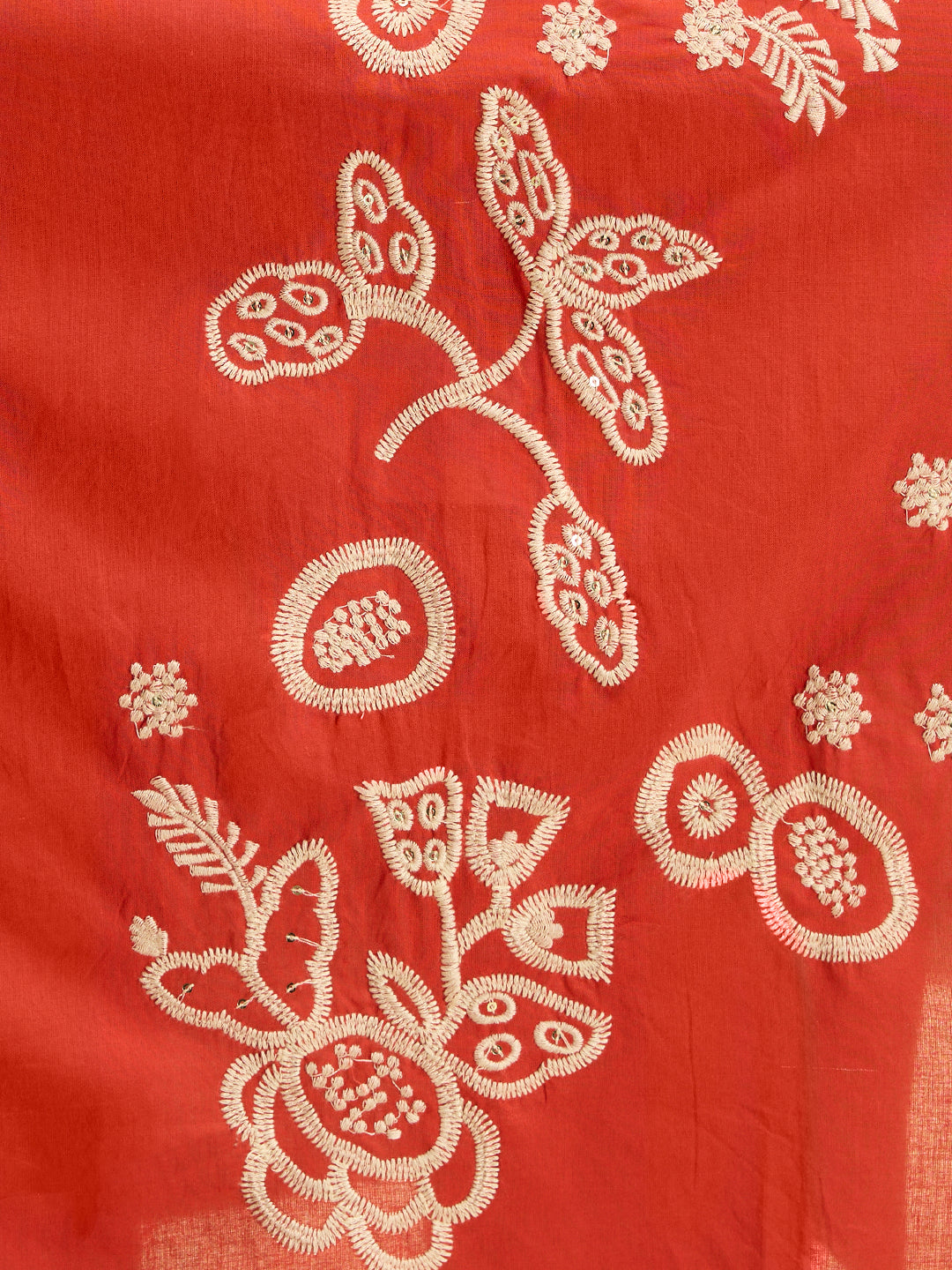 Solid Floral Embroidered Straight Kurta with Pant & Dupatta - Rust