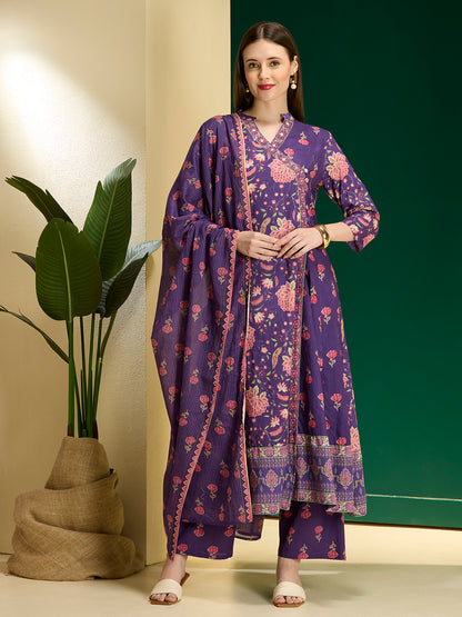 Ethnic Floral Printed Embroidered Anarkali Kurta with Palazzo & Dupatta - Purple