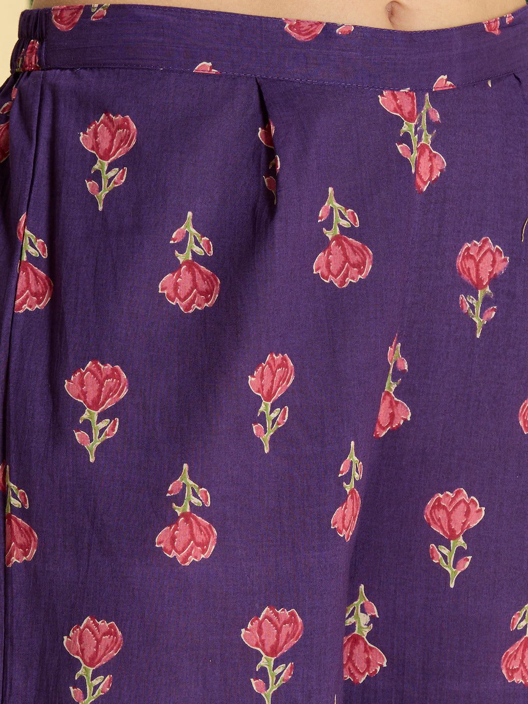 Ethnic Floral Printed Embroidered Anarkali Kurta with Palazzo & Dupatta - Purple