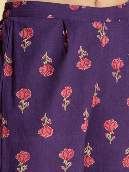 Ethnic Floral Printed Embroidered Anarkali Kurta with Palazzo & Dupatta - Purple
