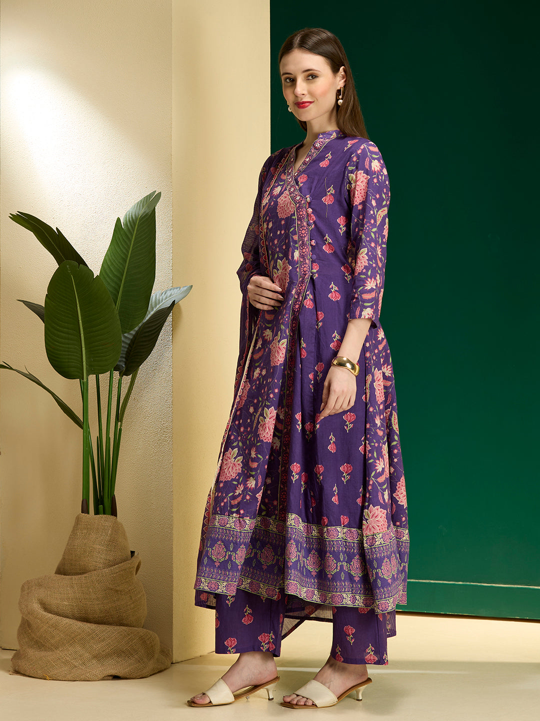 Ethnic Floral Printed Embroidered Anarkali Kurta with Palazzo & Dupatta - Purple