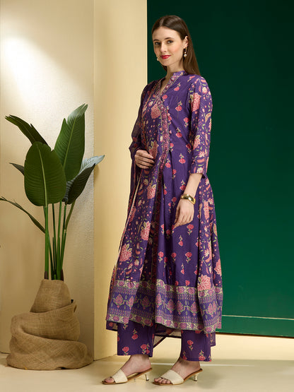 Ethnic Floral Printed Embroidered Anarkali Kurta with Palazzo & Dupatta - Purple