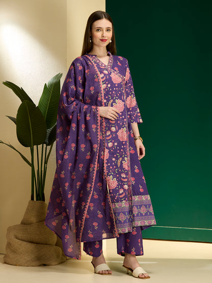 Ethnic Floral Printed Embroidered Anarkali Kurta with Palazzo & Dupatta - Purple