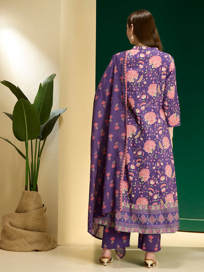 Ethnic Floral Printed Embroidered Anarkali Kurta with Palazzo & Dupatta - Purple