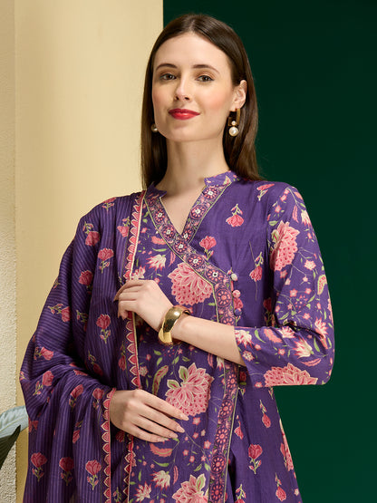 Ethnic Floral Printed Embroidered Anarkali Kurta with Palazzo & Dupatta - Purple