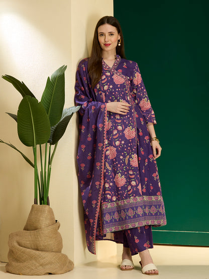 Ethnic Floral Printed Embroidered Anarkali Kurta with Palazzo & Dupatta - Purple