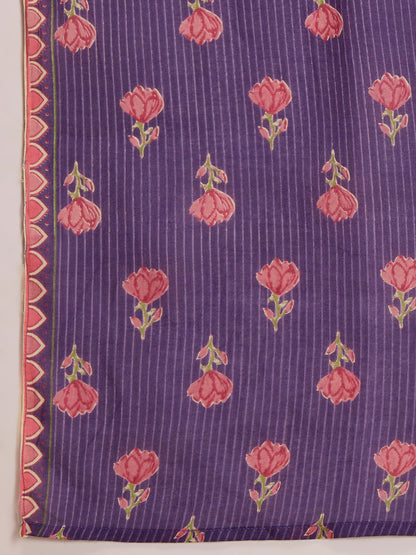 Ethnic Floral Printed Embroidered Anarkali Kurta with Palazzo & Dupatta - Purple