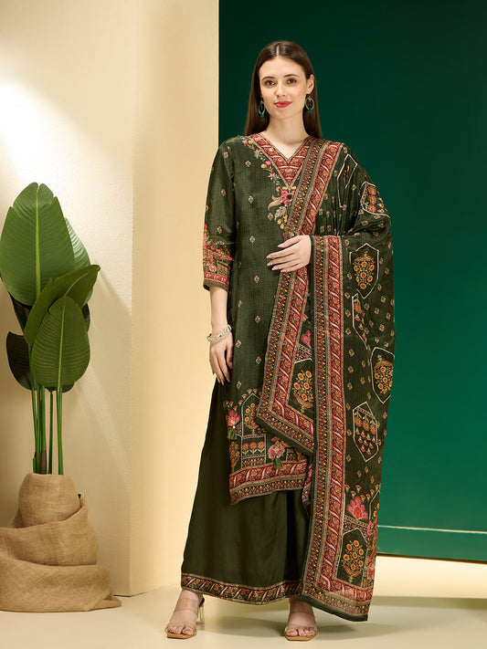 Ethnic Floral Printed & Embroidered Straight & Kurta with Pant and Dupatta - Green
